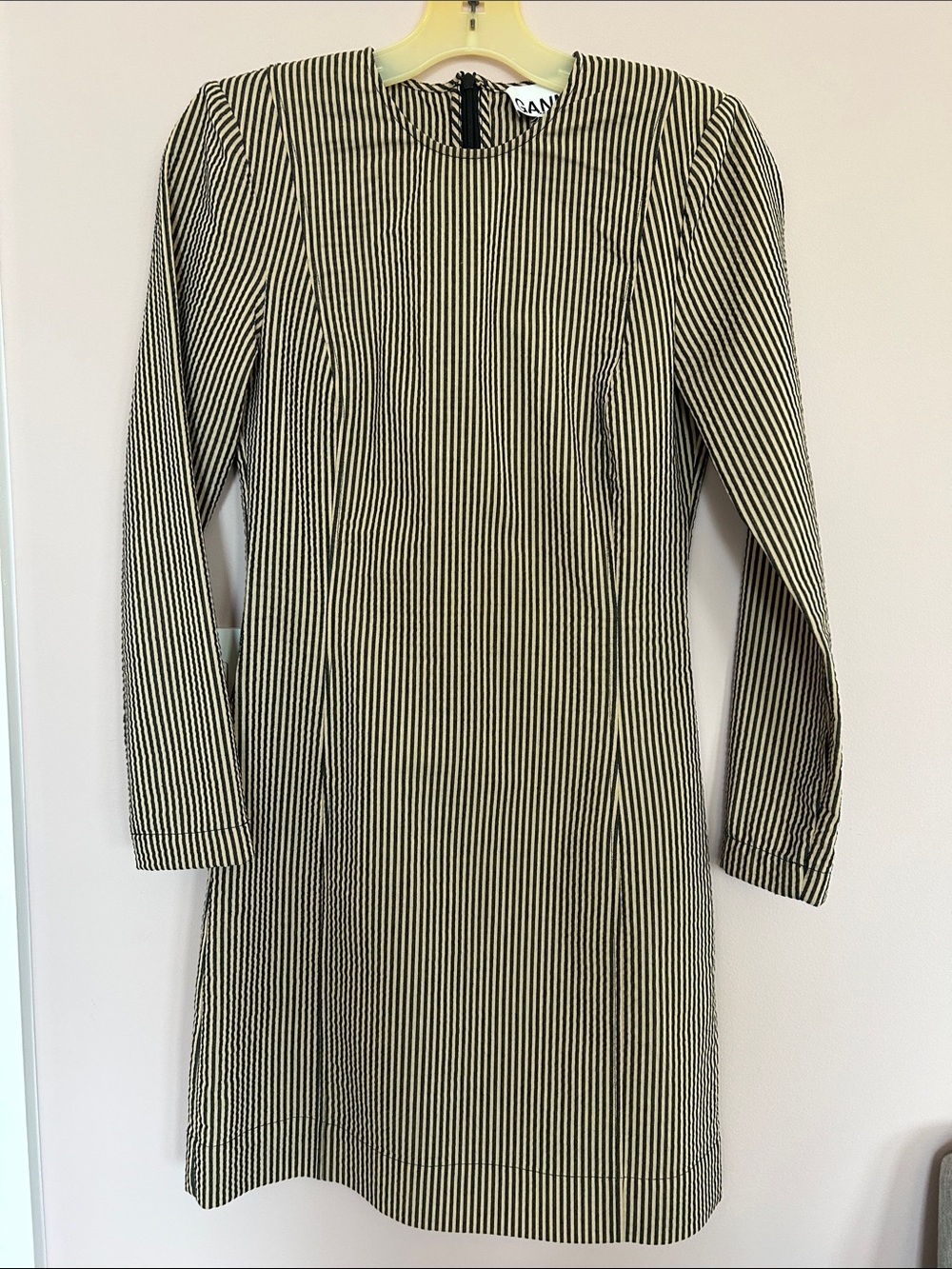 Ganni Black and Cream Miu Vertical-Stripe Long-Sleeve Dress size 34 /XS